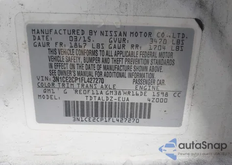 2015 Nissan Versa Note S (Sr)/S Plus/Sl/Sr/Sv z USA, uszkodzony, nr VIN 3N1CE2CP1FL427270